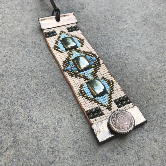 Pyrite leather loom bead boho bracelet - Picture 3 of 4